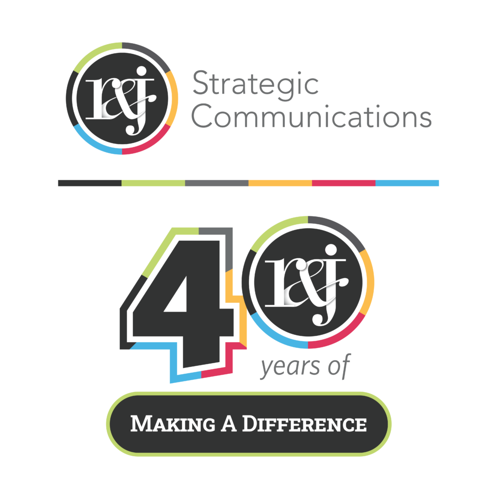 Concept B R&J Strategic Communications 40th anniversary logo: a large '4' beside the r&j logomark styled as '0,' reading '40 years of Making A Difference.'.